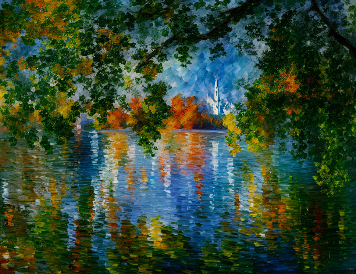 Autumn landscape painting with reflective lake and white spire glimpsed.