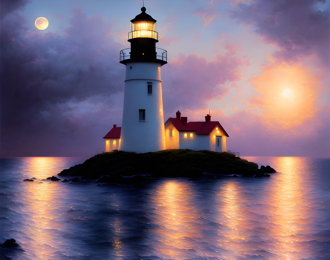 Lighthouse on small island under twilight sky with full moon