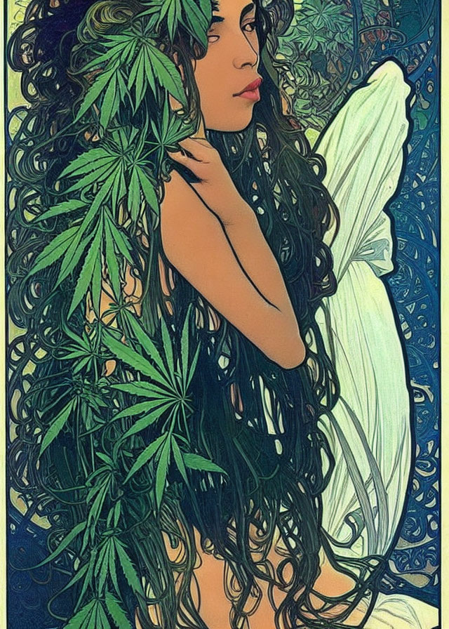 Art Nouveau Woman Illustration with Long Hair and Cannabis Leaves