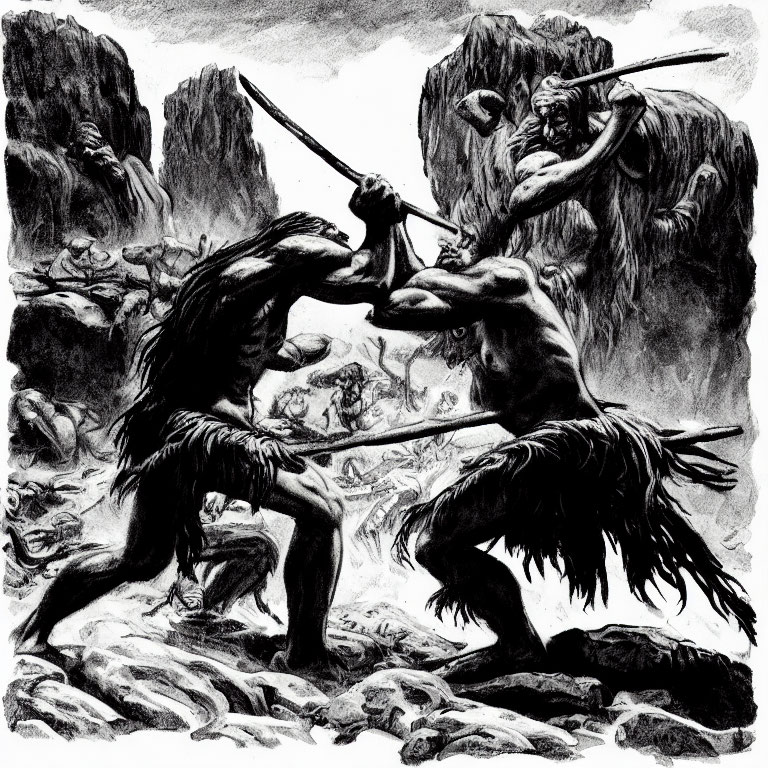 Mythological creatures in combat on rugged terrain