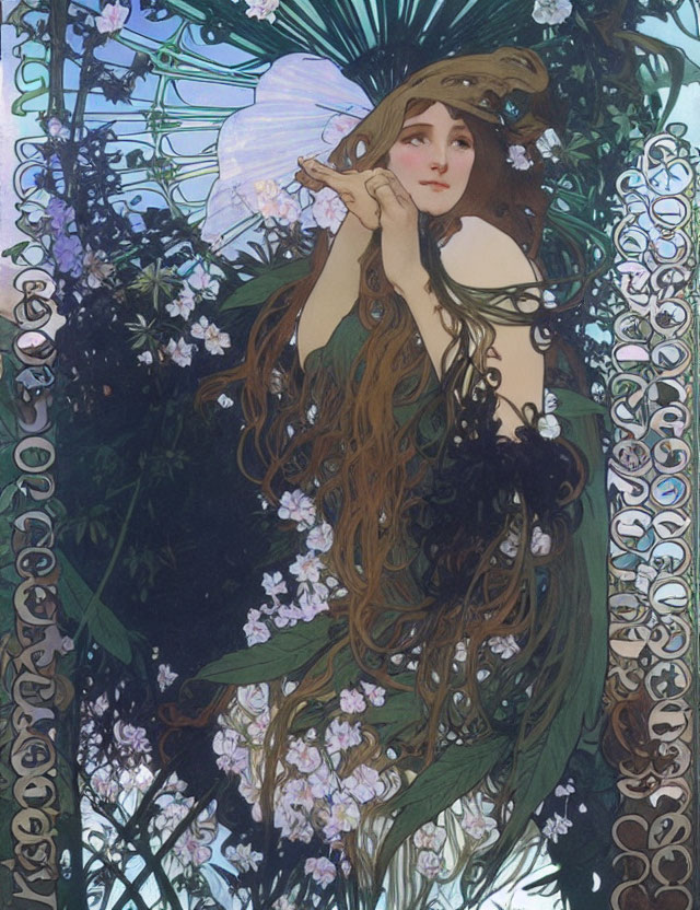 Art Nouveau Woman with Flowing Hair and Nature Motifs