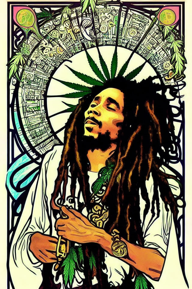 Colorful portrait of a man with dreadlocks and cannabis leaves against Rastafarian-themed backdrop