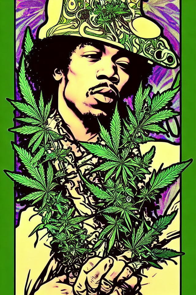 Colorful Pop Art Poster with Afro and Cannabis Leaves on Purple Background