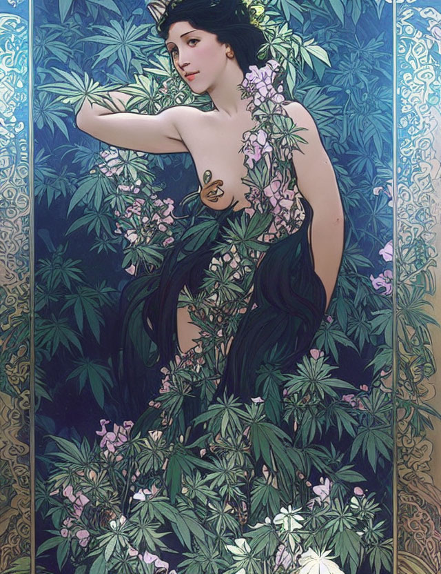 Illustration of Woman with Flowing Hair and Floral Elements on Patterned Background