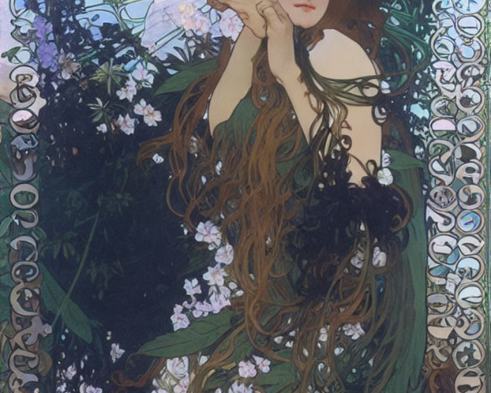 Art Nouveau Woman with Flowing Hair and Nature Motifs