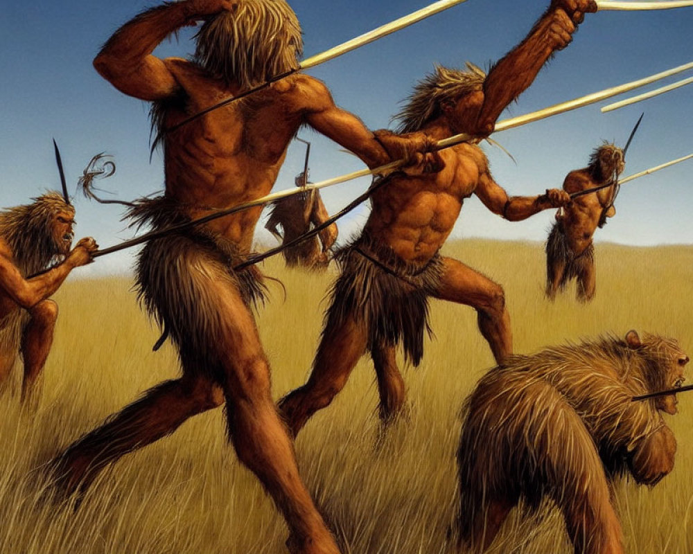 Prehistoric humans hunting large boar with spears in grassy field