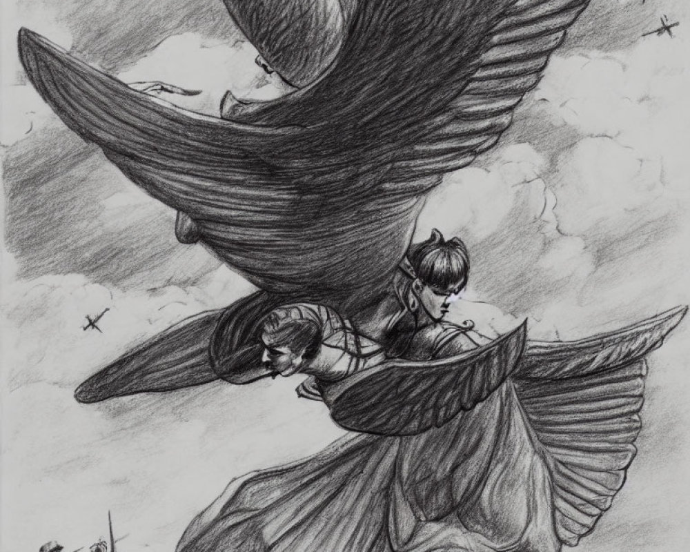 Detailed pencil sketch of two winged figures soaring in sky surrounded by clouds and birds