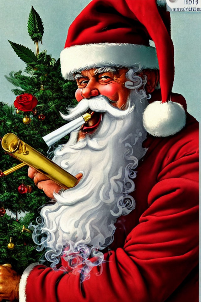 Illustration of Santa Claus with mischievous smile and pipe near Christmas tree and cannabis leaf.