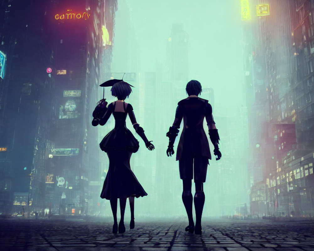 Silhouetted figures holding hands in rainy neon-lit cityscape