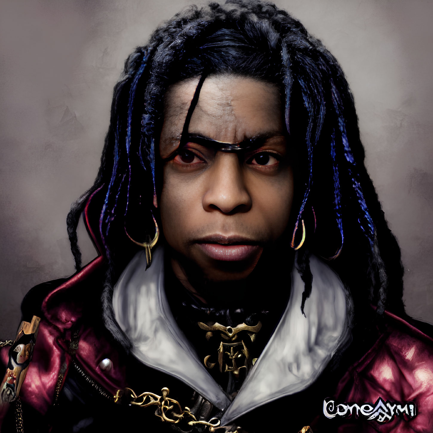 Digital portrait featuring individual with dark braided hair, golden earrings, headband, and renaissance-inspired