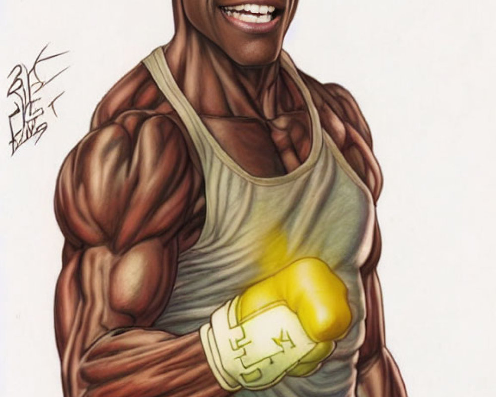 Muscular man smiling in boxing gloves and athletic attire