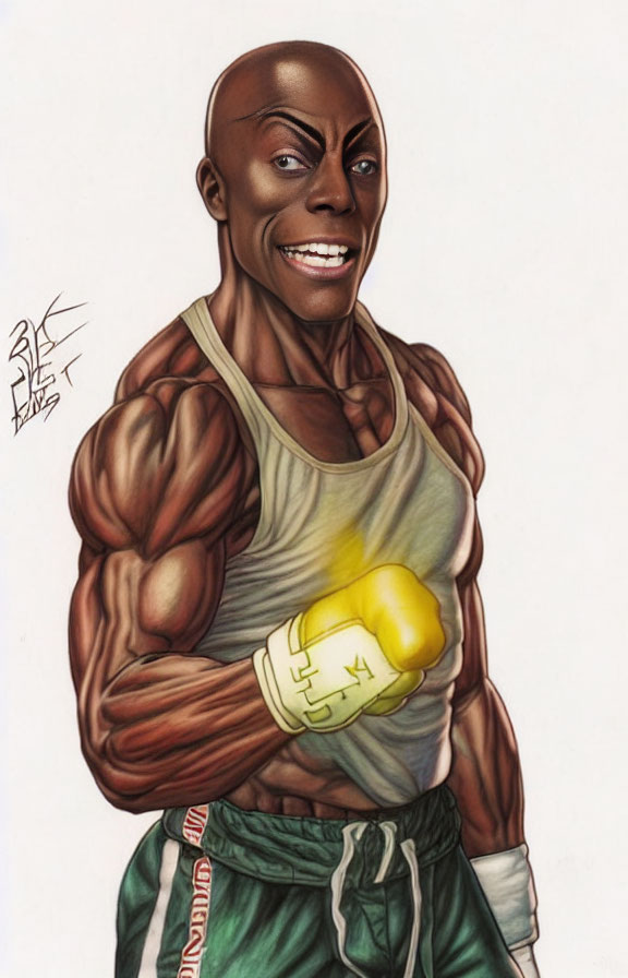 Muscular man smiling in boxing gloves and athletic attire