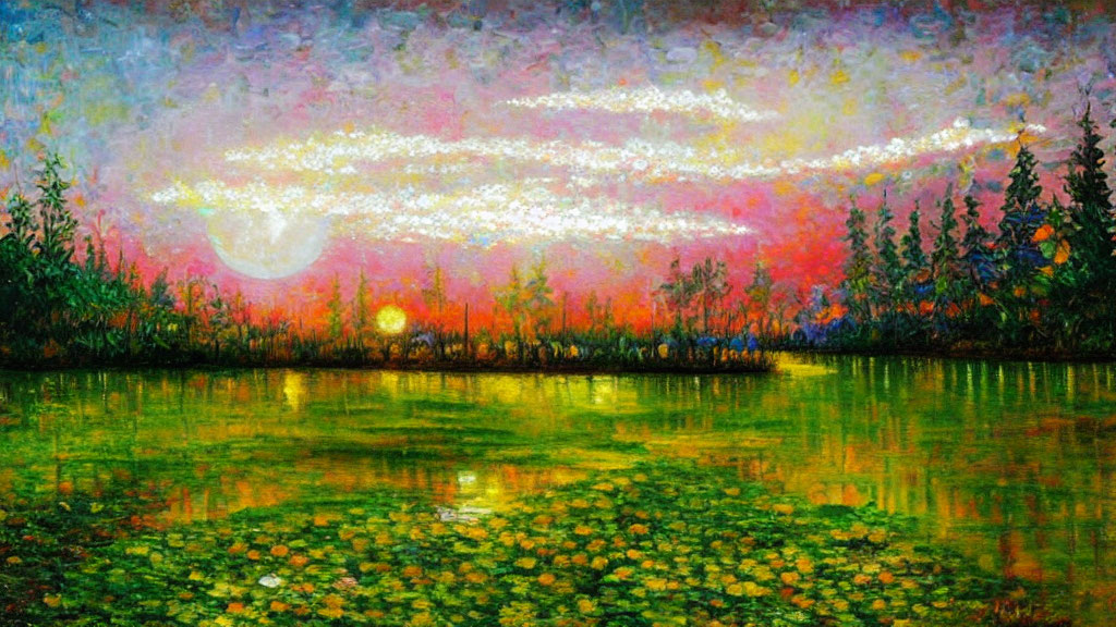 Vibrant Impressionist Sunset Painting with Water Lily Pond