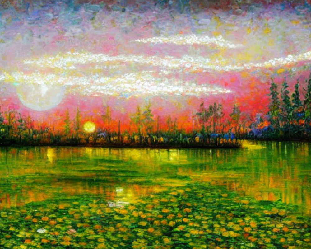 Vibrant Impressionist Sunset Painting with Water Lily Pond