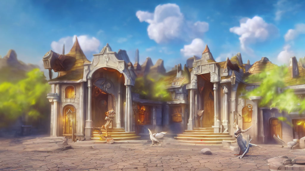 Stone buildings, golden knight, pigeons, and green magic in fantasy scene