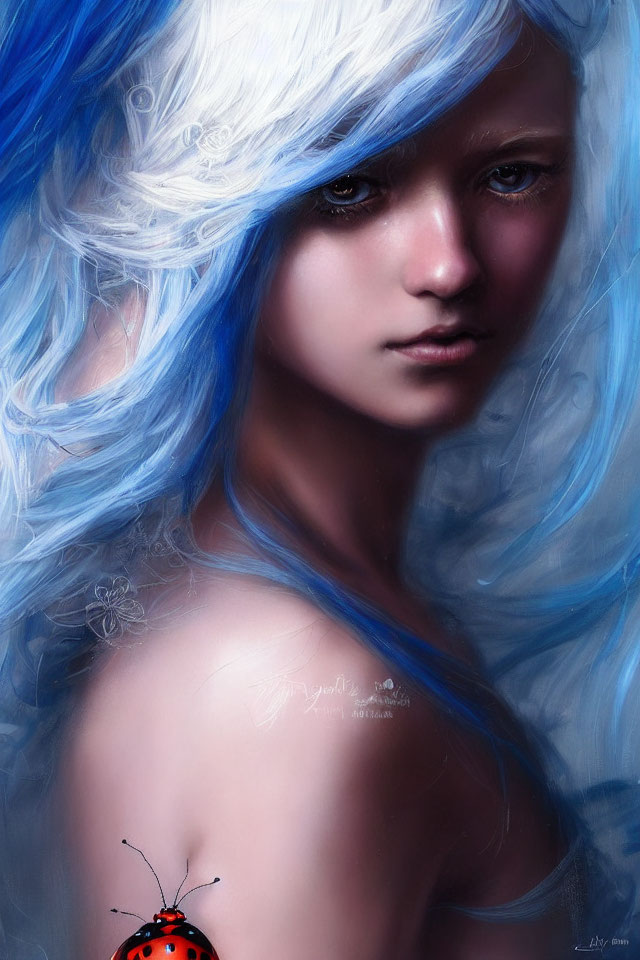 Portrait of a person with blue hair, translucent petals, pale complexion, intense gaze, and a red