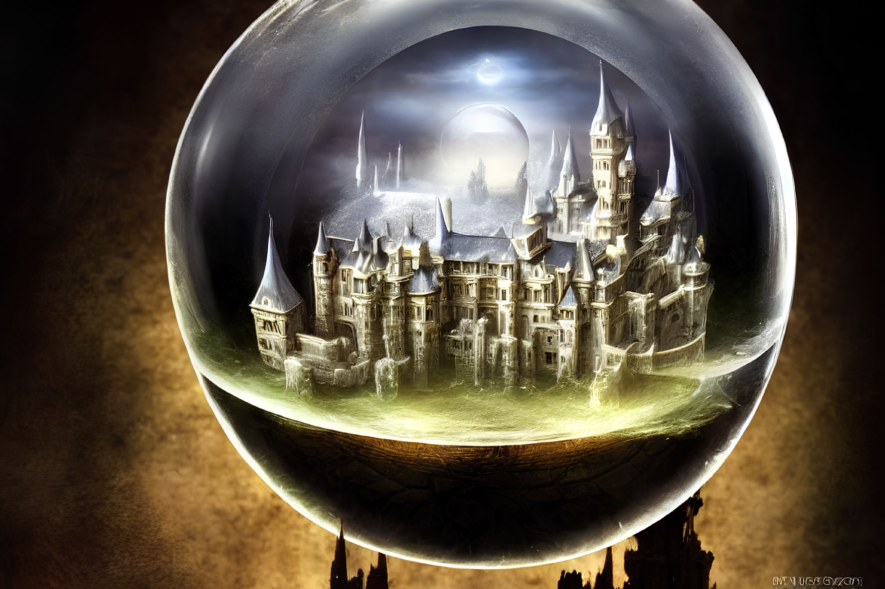 Crystal Ball with Majestic Castle in Moonlit Sky