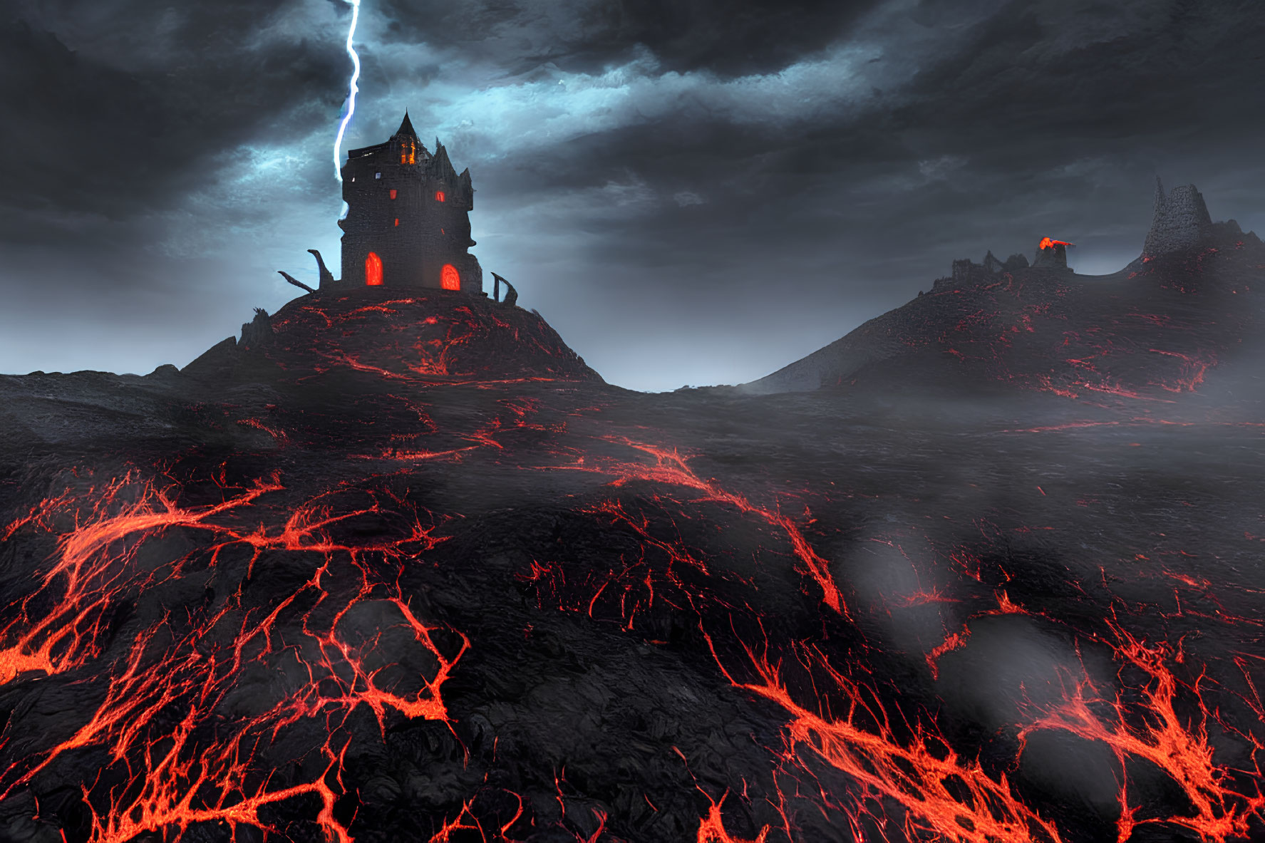 Dark Castle on Volcanic Landscape with Stormy Sky