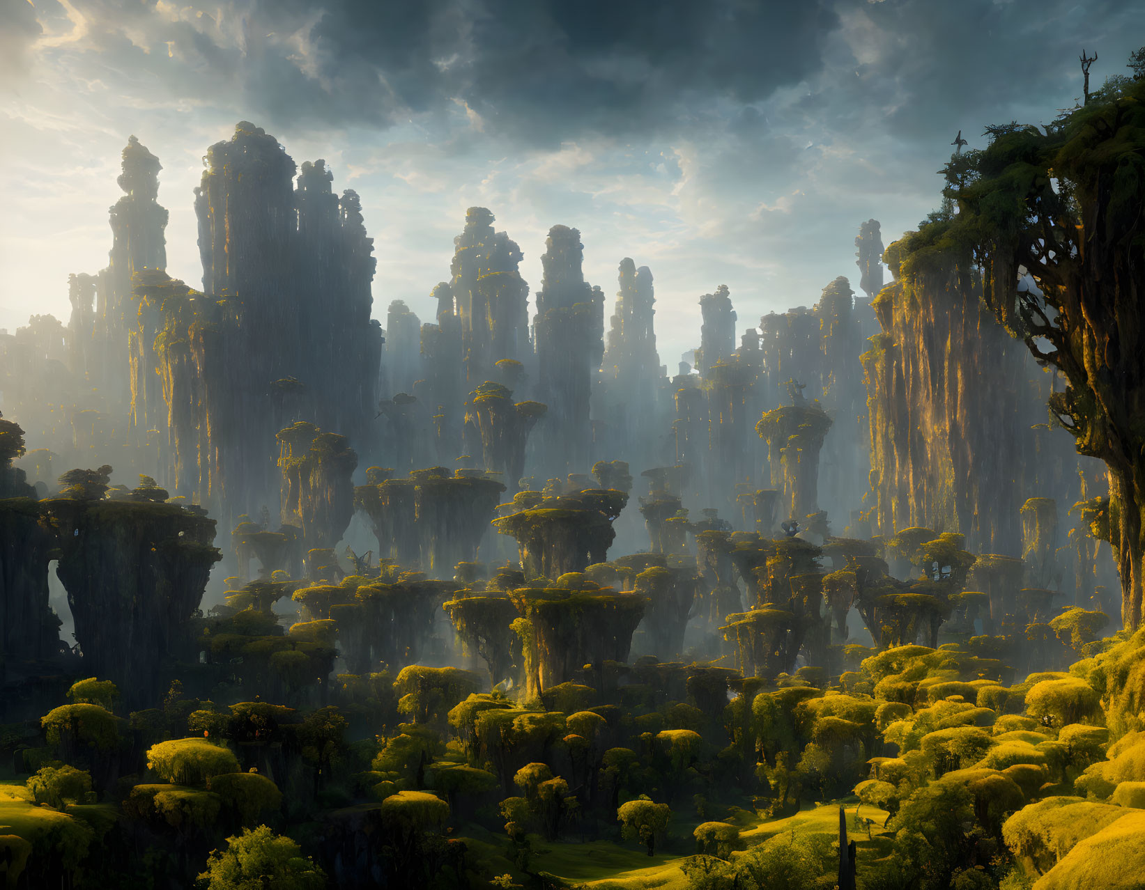 Majestic landscape of towering rock pillars in lush forest