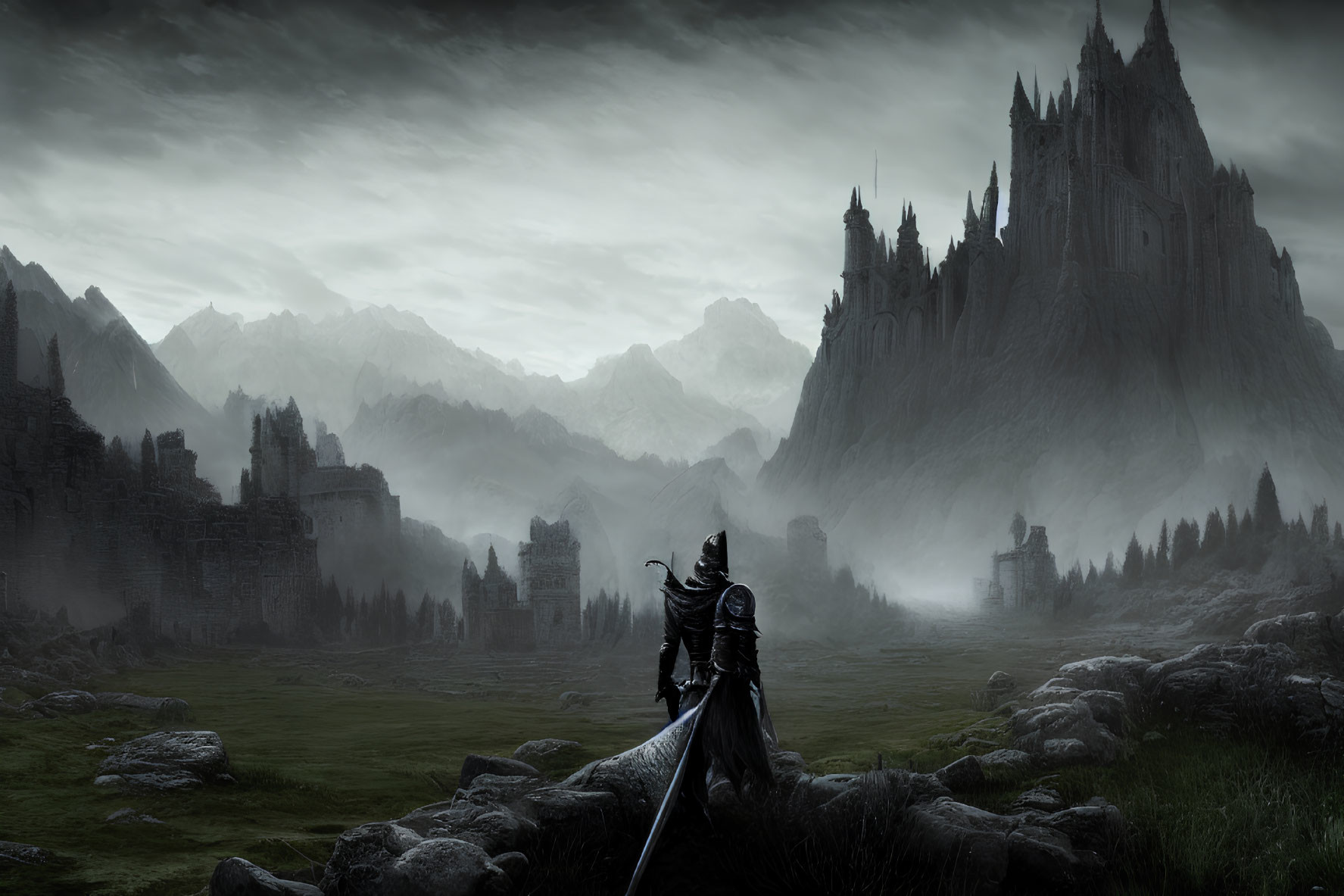 Solitary knight in misty landscape with gothic castle and mountains