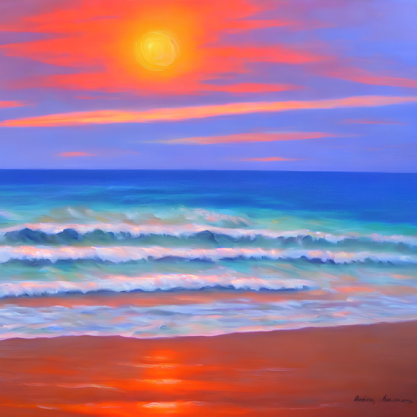 Colorful sunset painting of beach with gentle waves on serene shore