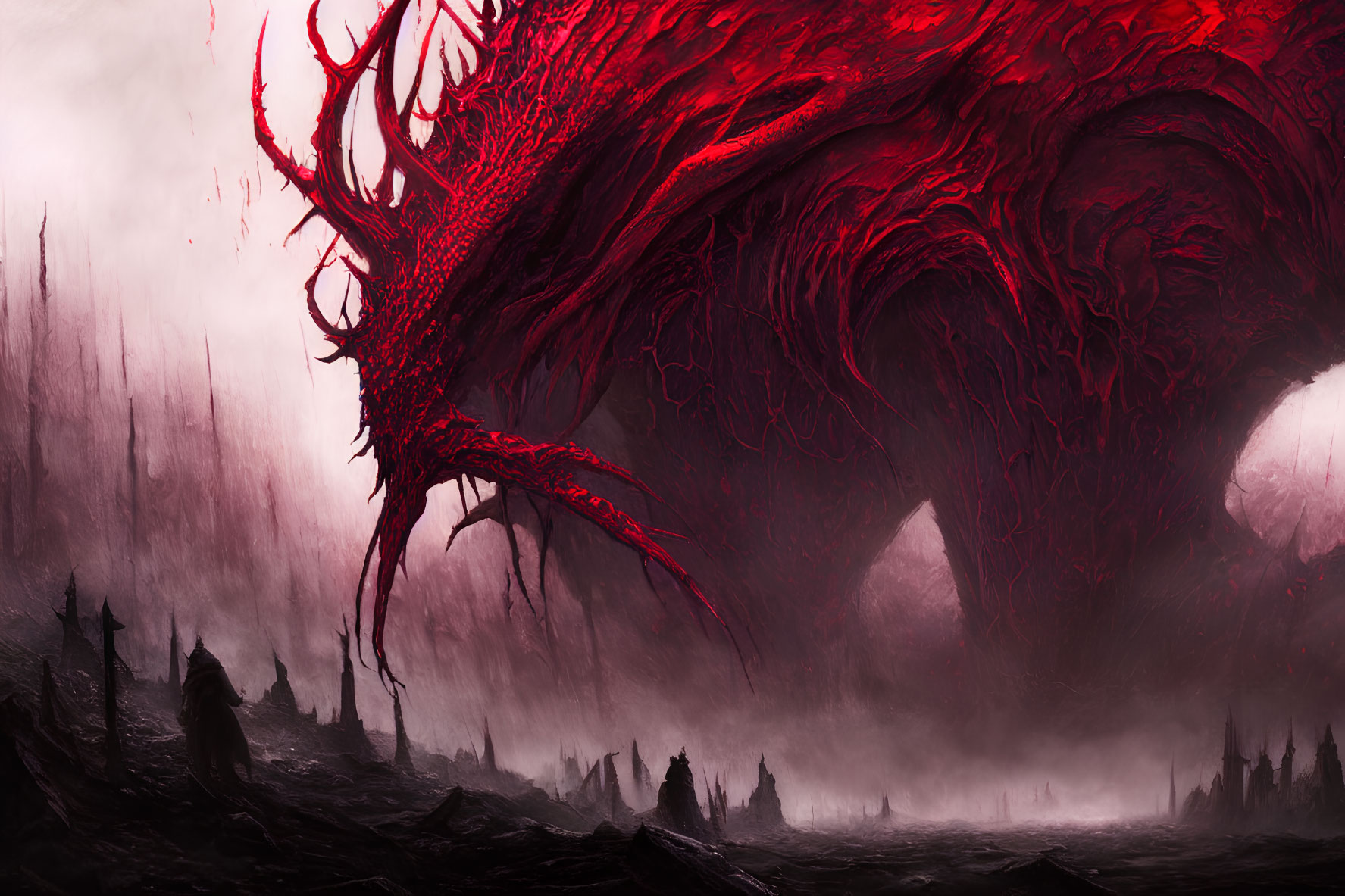 Monstrous red creature with tentacles in misty landscape.