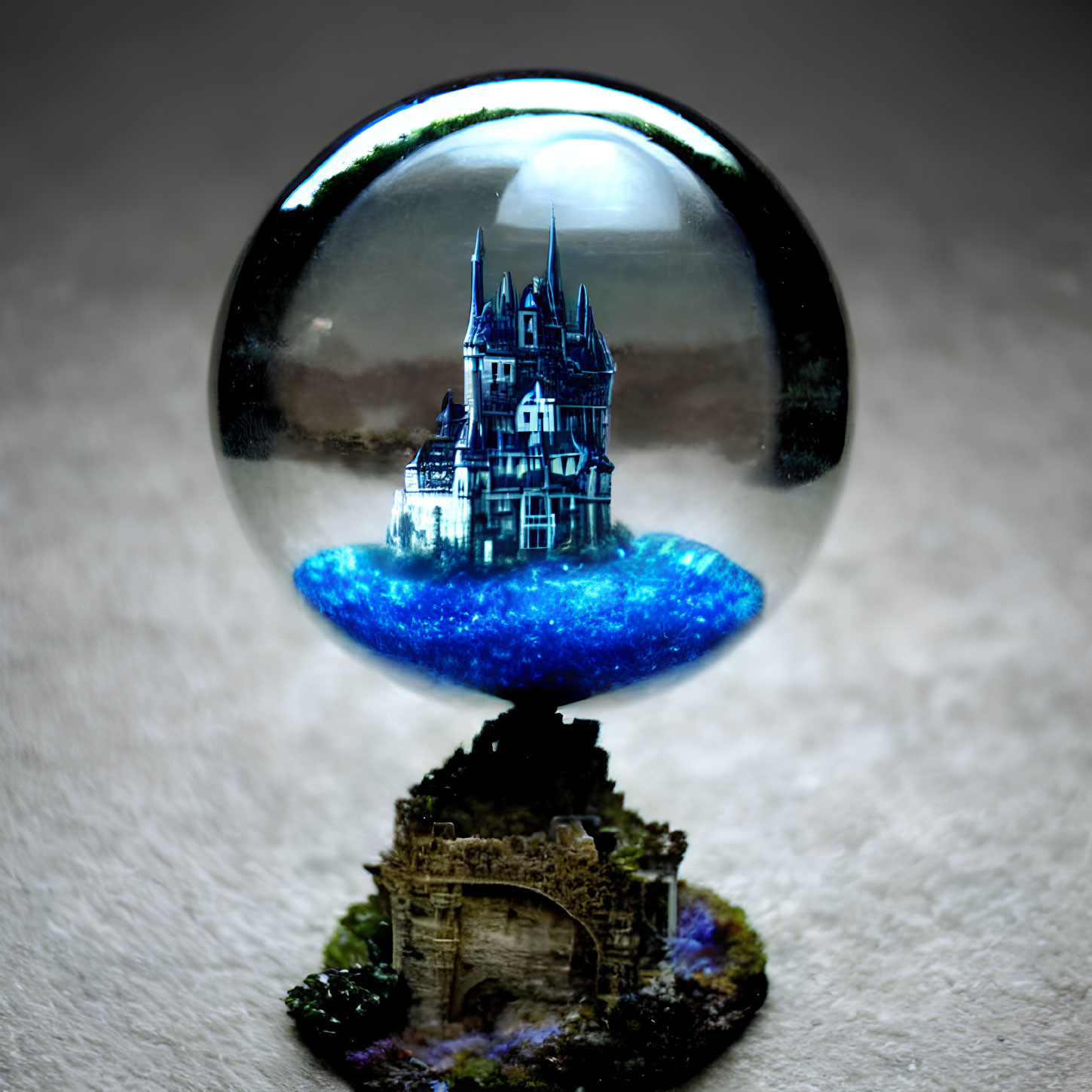 Gothic castle reflection on crystal ball with blue base and stone ornament