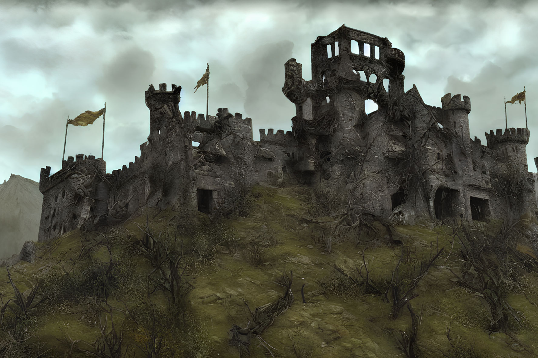 Medieval castle ruins on hill under overcast skies