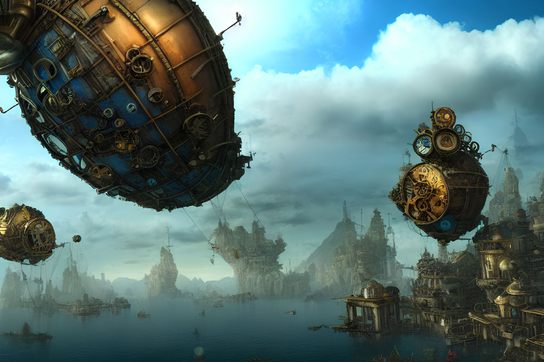 Fantasy landscape with floating airships above misty harbor city