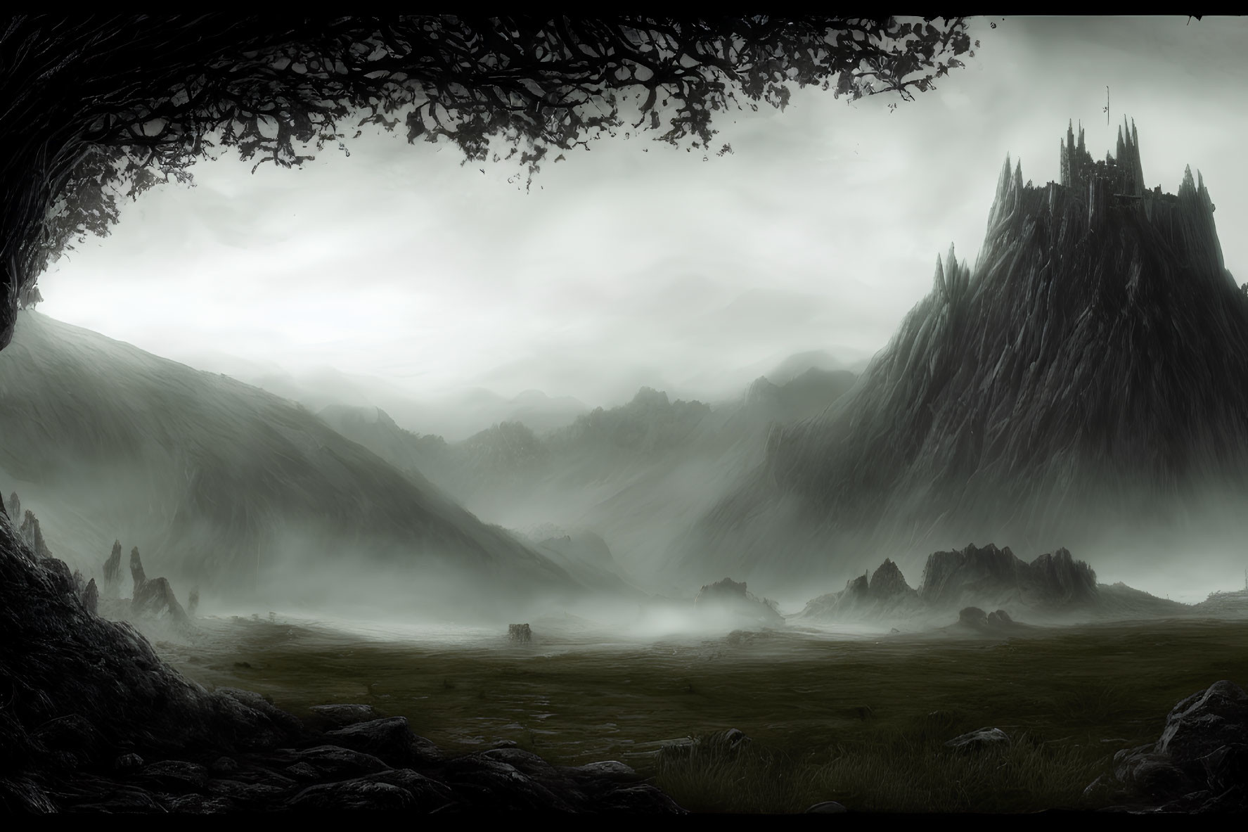 Dark castle on rugged mountain in misty landscape with arching tree silhouette.