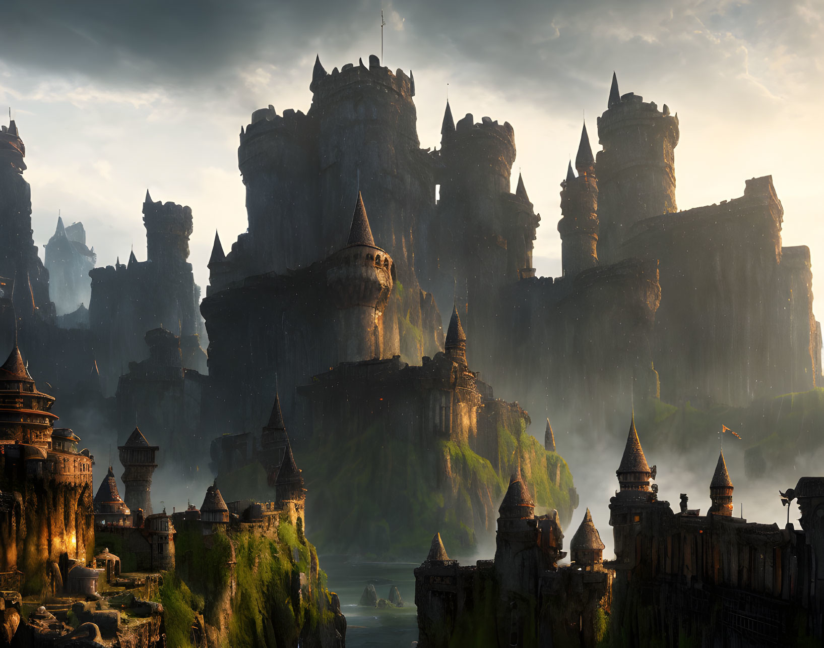 Fantasy castle on misty cliffs at sunset