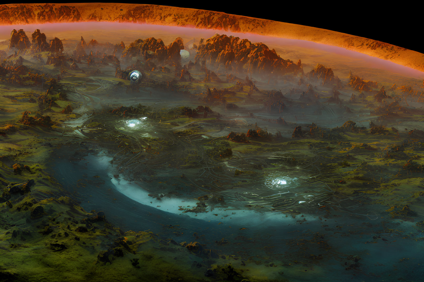 Panoramic alien landscape with glowing structures and river on rugged terrain