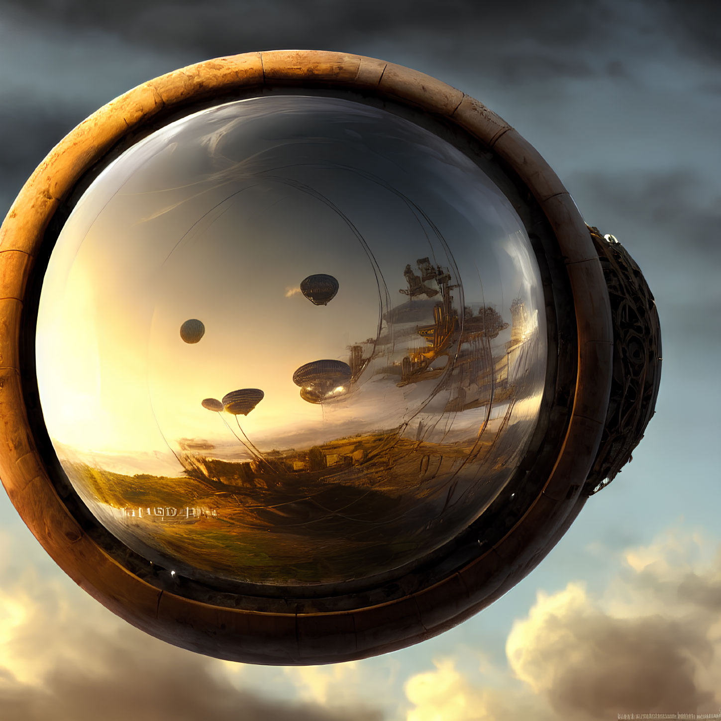 Metallic spherical object with wooden rim hovers over fantasy landscape