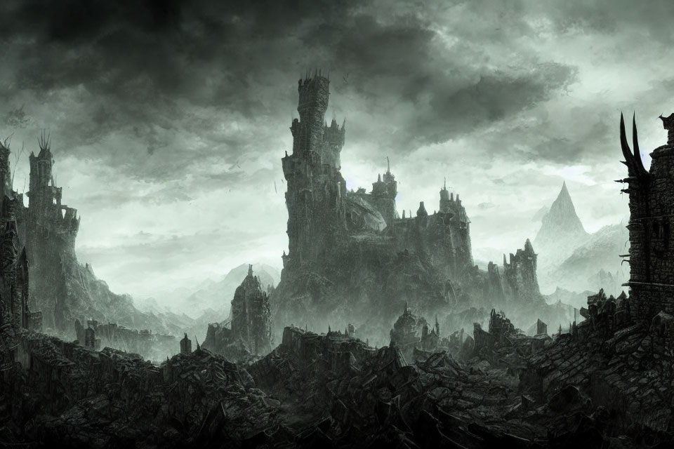 Desolate landscape with ruins, ominous castle, and craggy mountains