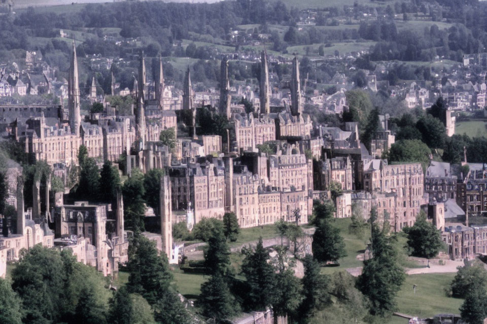 Historic town with Victorian buildings and green trees in aerial view