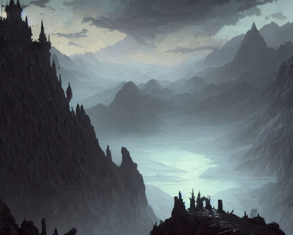 Mystical landscape with silhouetted castles and fog-covered valley