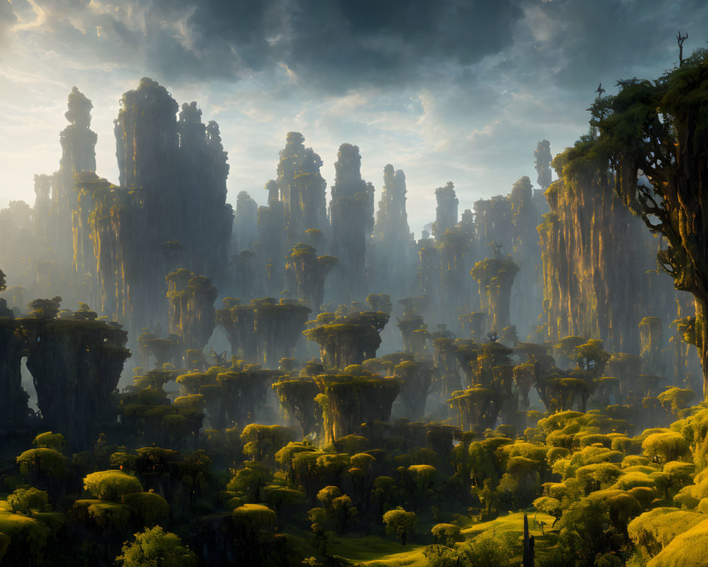 Majestic landscape of towering rock pillars in lush forest