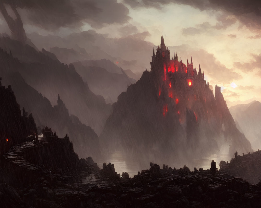 Glowing fiery castle on jagged mountains at dusk