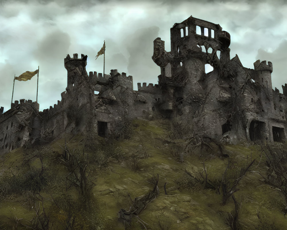 Medieval castle ruins on hill under overcast skies