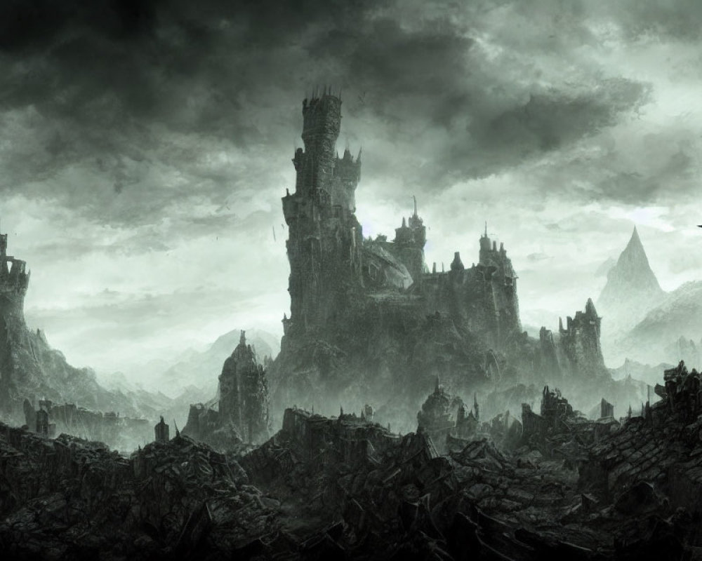 Desolate landscape with ruins, ominous castle, and craggy mountains