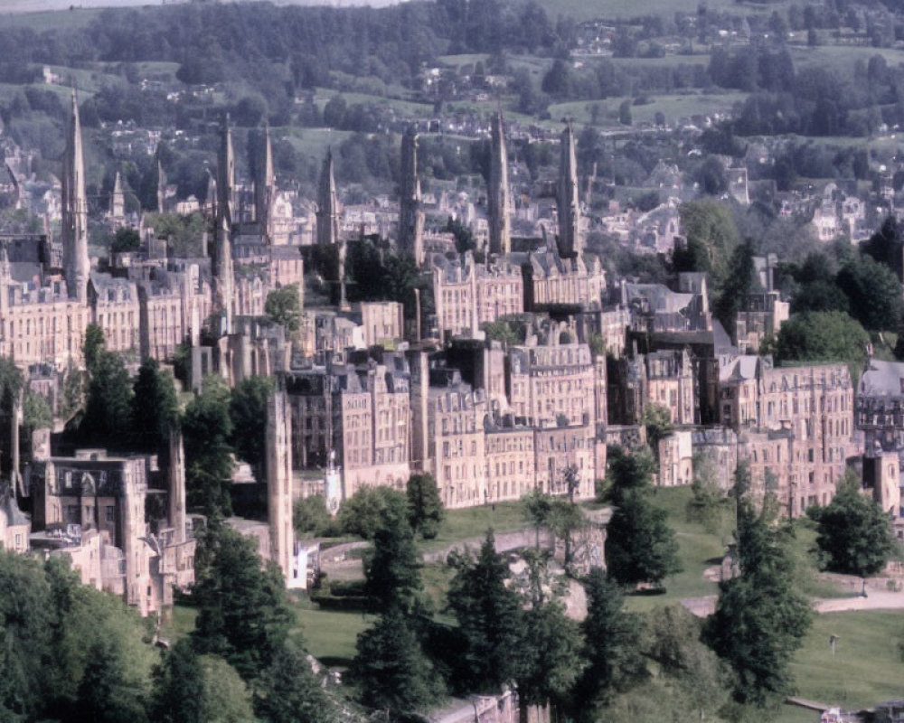 Historic town with Victorian buildings and green trees in aerial view