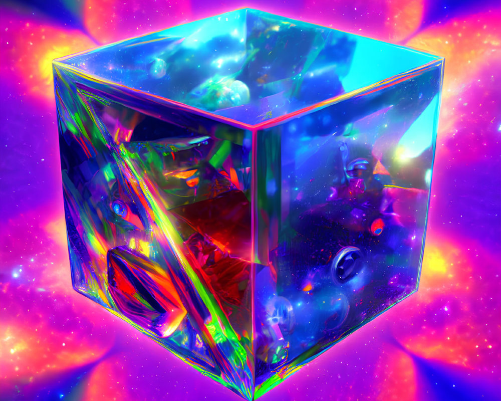 Colorful iridescent cube in cosmic background