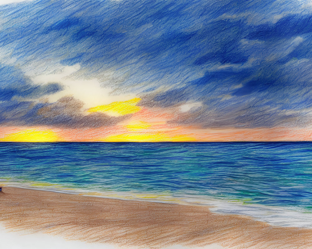 Vibrant pencil drawing of sunset beach scene with sailboat and blue skies