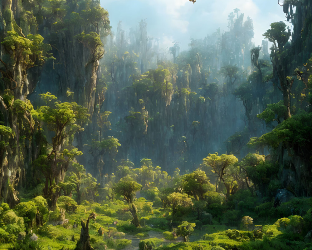 Mystical forest with towering trees, sunlight, and rocky cliffs