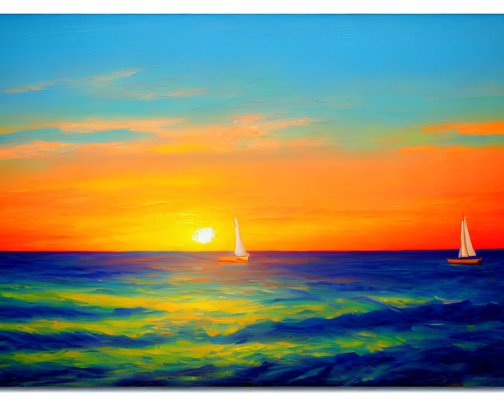 Colorful sunset painting with sailboats on dark blue sea