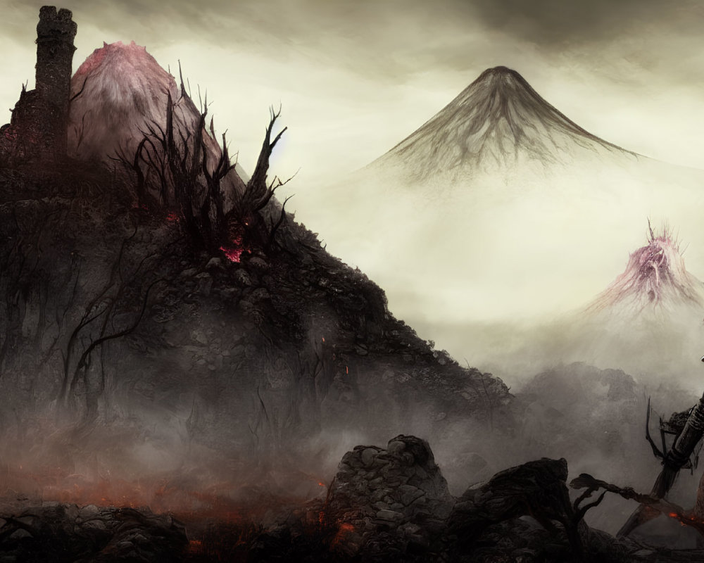 Dark fantasy landscape with cloaked figure, barren trees, ruined castle, and misty mountains