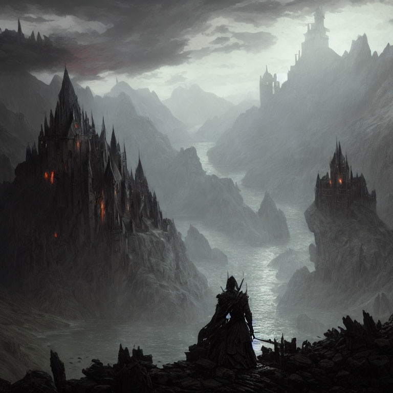 Dark Landscape with Spiky Castles Above Misty River