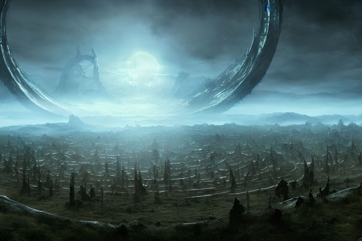 Alien structures in vast, stormy science fiction landscape