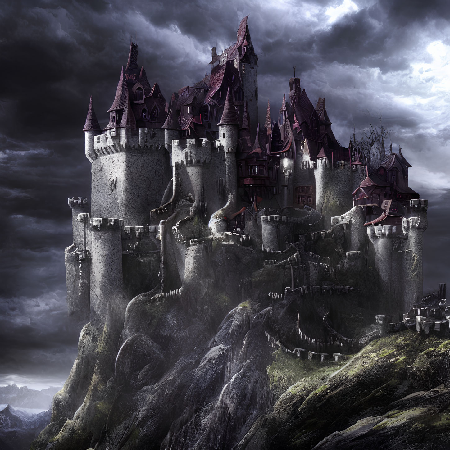 Gothic castle on rugged cliffs under dramatic sky