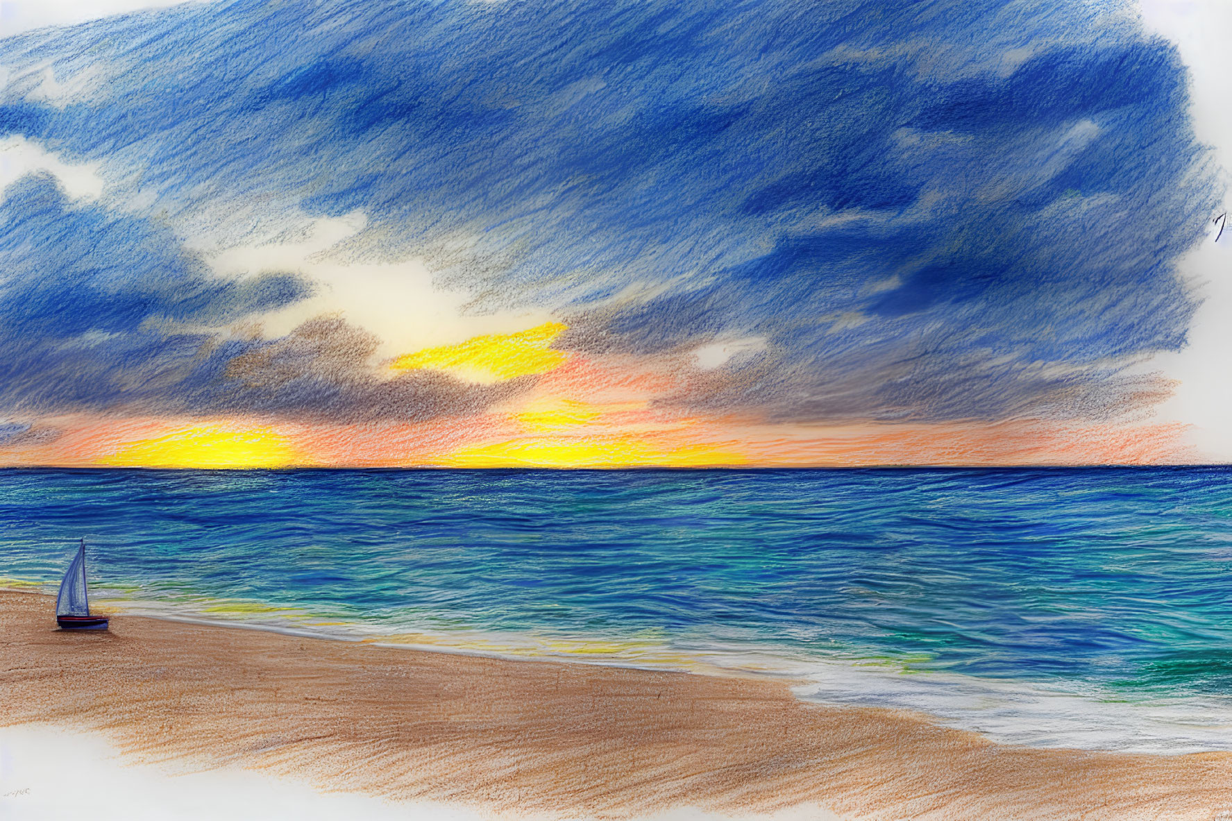 Vibrant pencil drawing of sunset beach scene with sailboat and blue skies